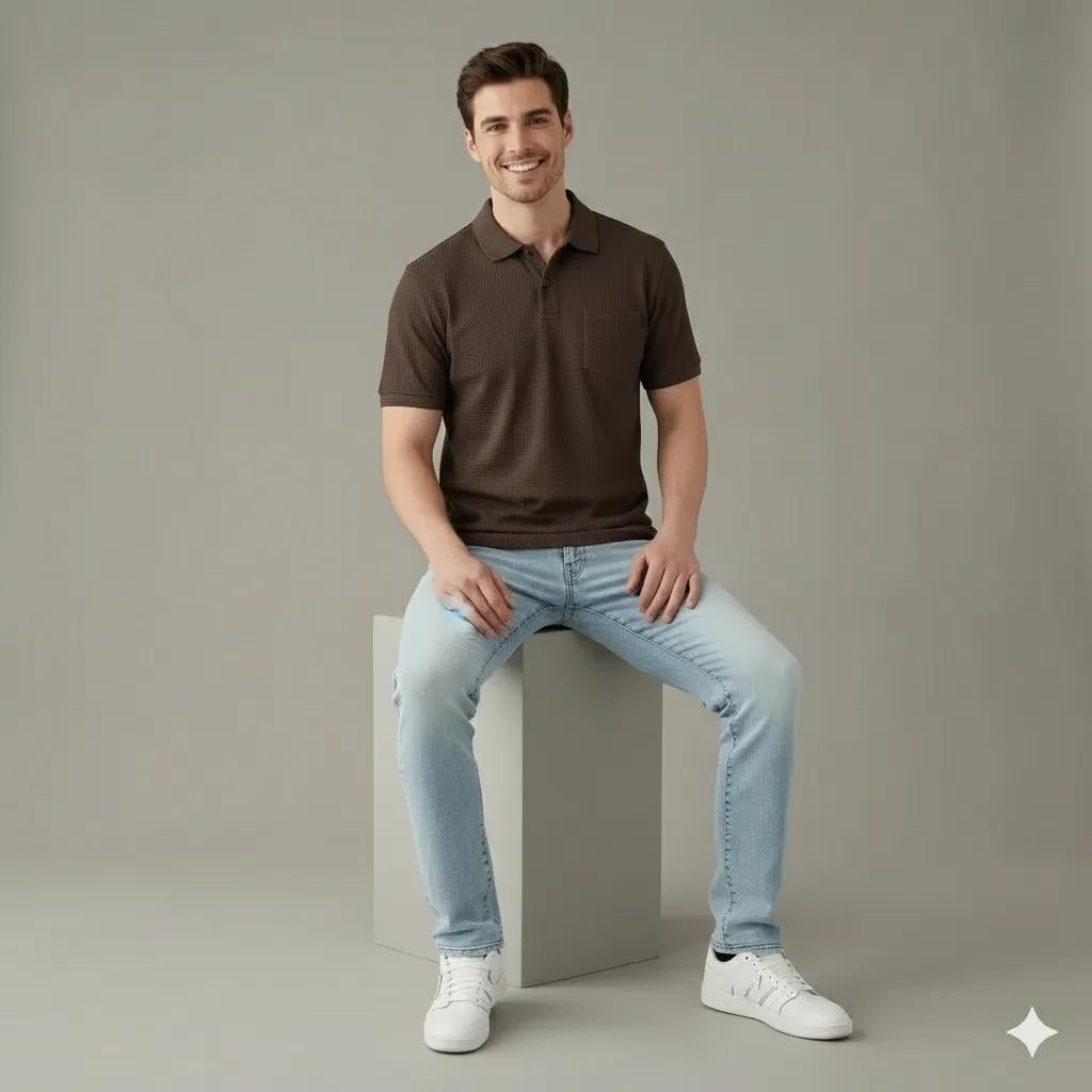 Men Wine Polo Collar Pockets T-shirt