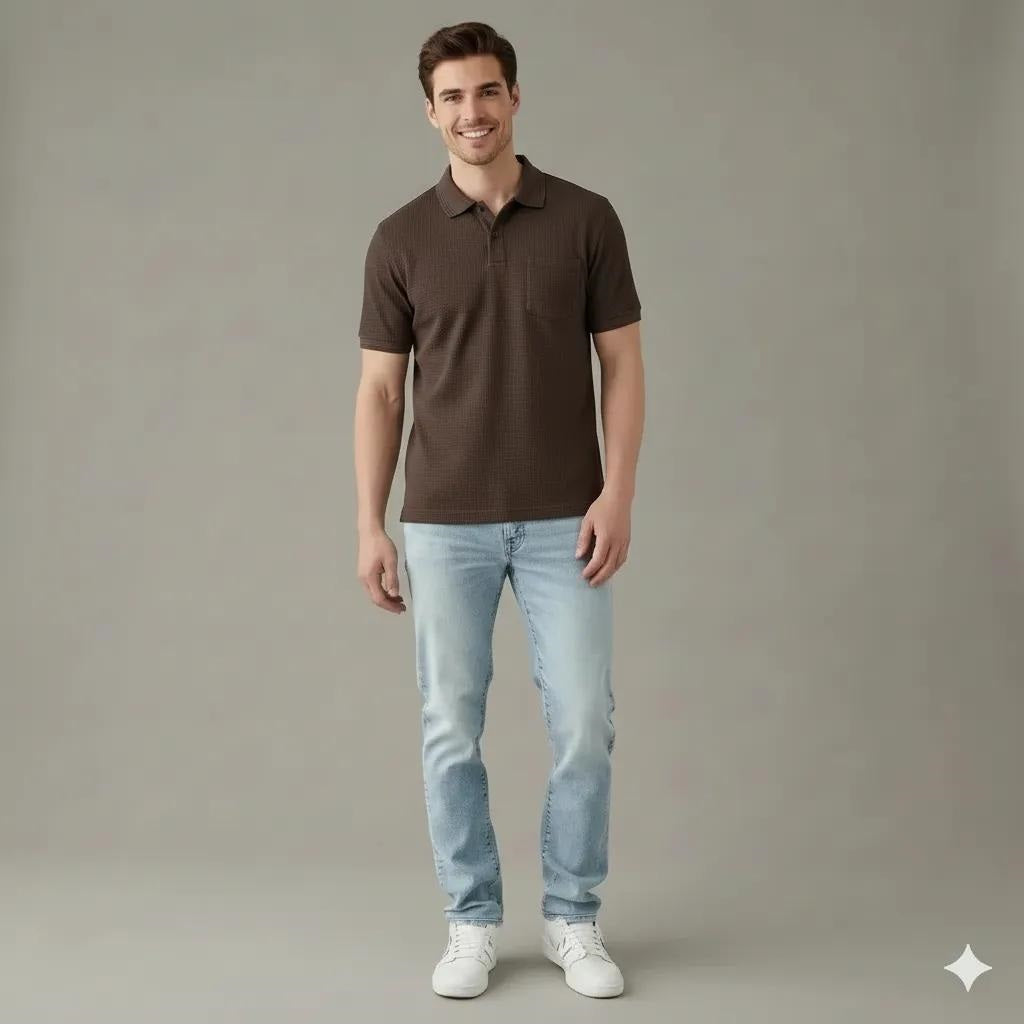 Men Wine Polo Collar Pockets T-shirt
