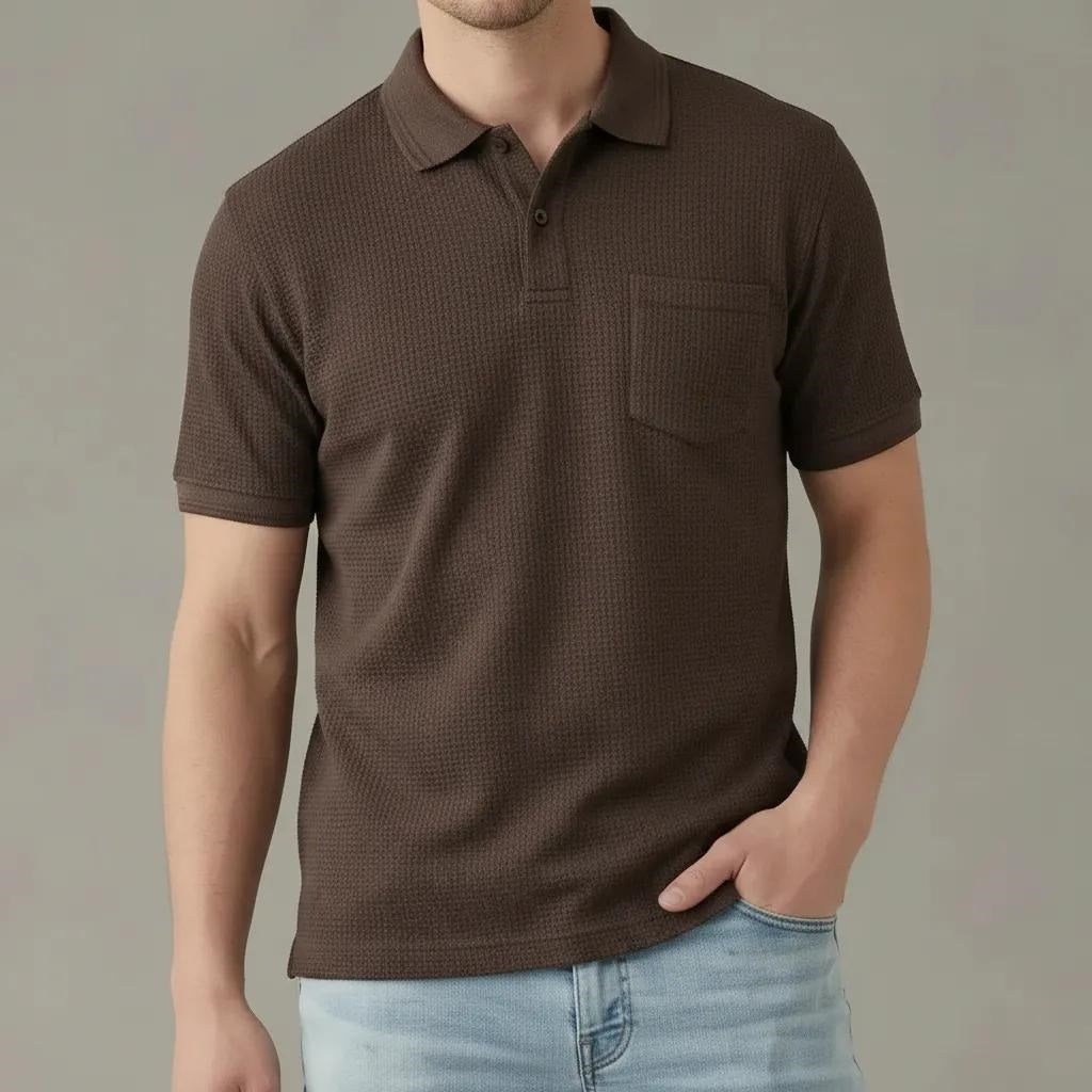 Men Wine Polo Collar Pockets T-shirt