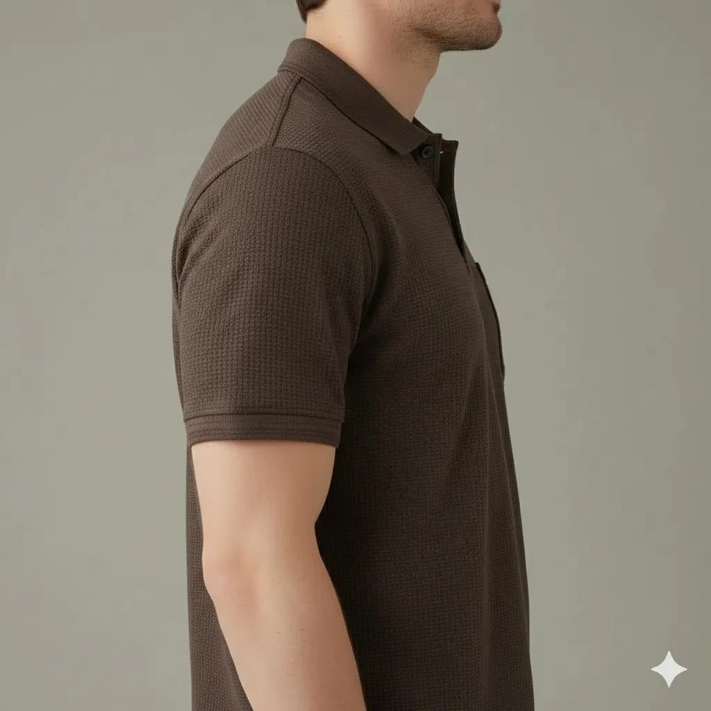 Men Wine Polo Collar Pockets T-shirt