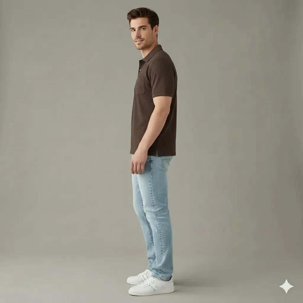 Men Wine Polo Collar Pockets T-shirt