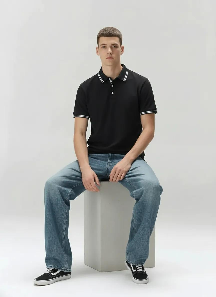 Men Black Polo Collar Solid T-shirt