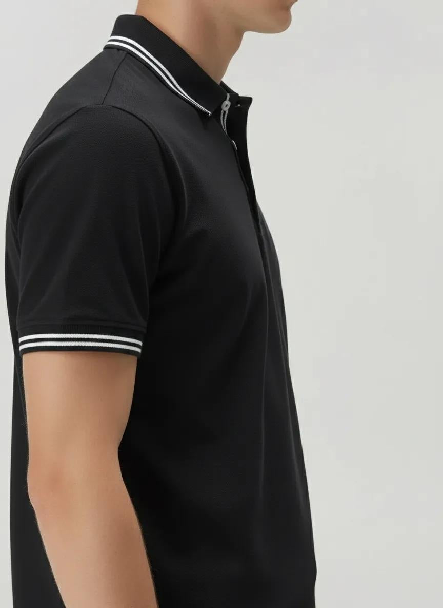 Men Black Polo Collar Solid T-shirt