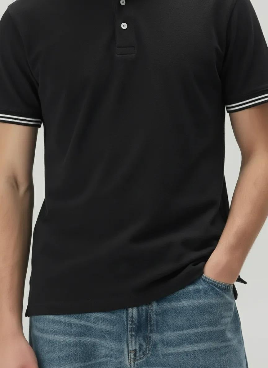 Men Black Polo Collar Solid T-shirt