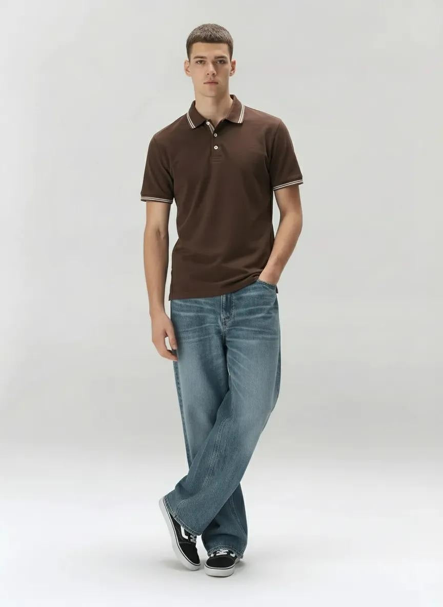 Men Coffee Polo Collar Solid T-shirt