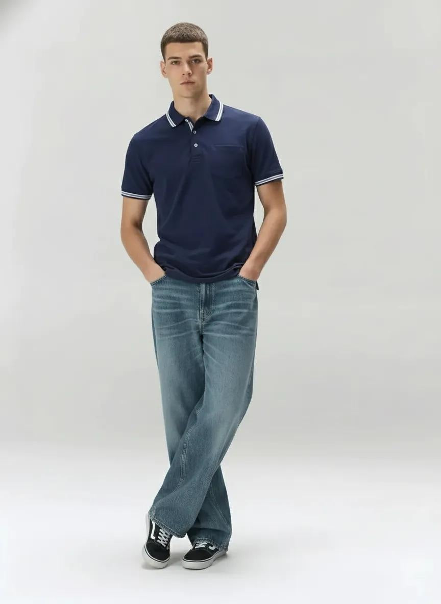 Men Navy Polo Collar Solid T-shirt