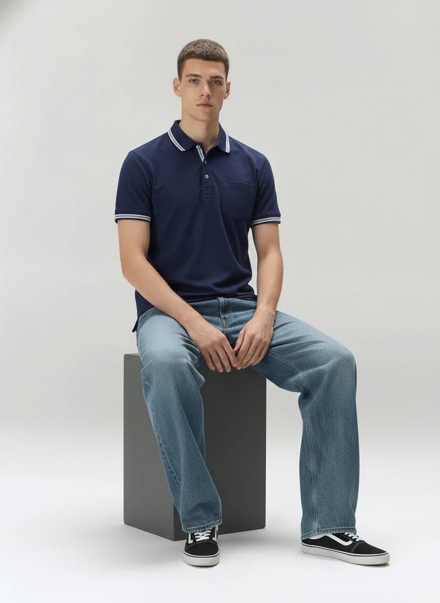 Men Navy Polo Collar Solid T-shirt