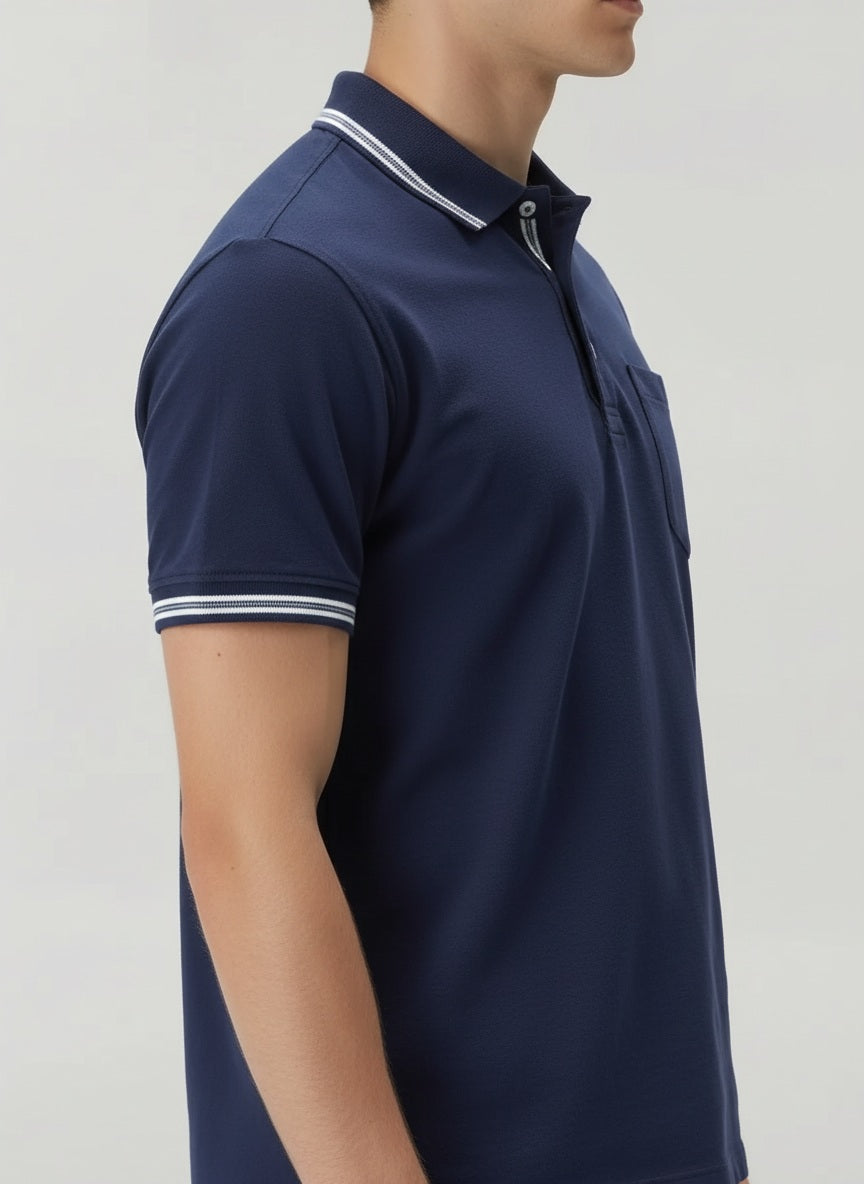 Men Navy Polo Collar Solid T-shirt