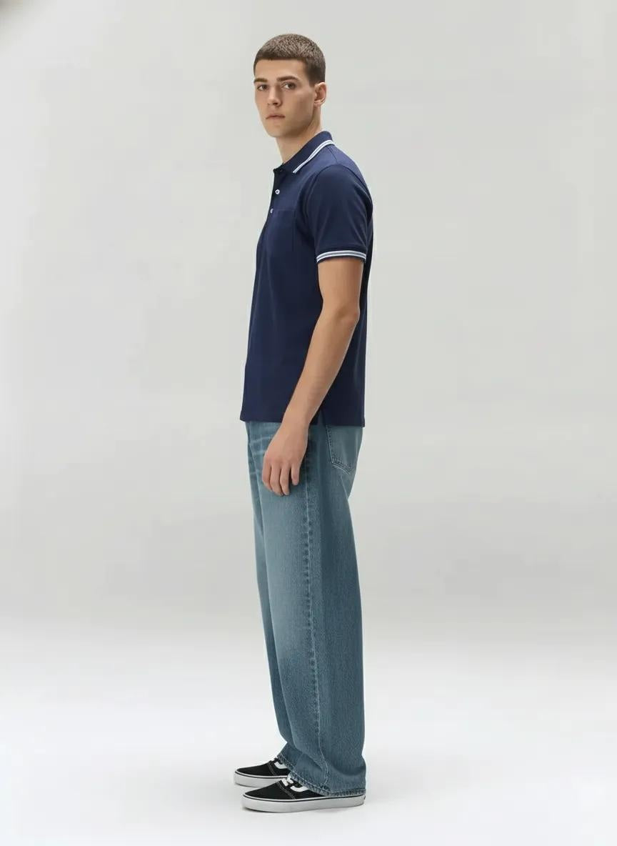 Men Navy Polo Collar Solid T-shirt