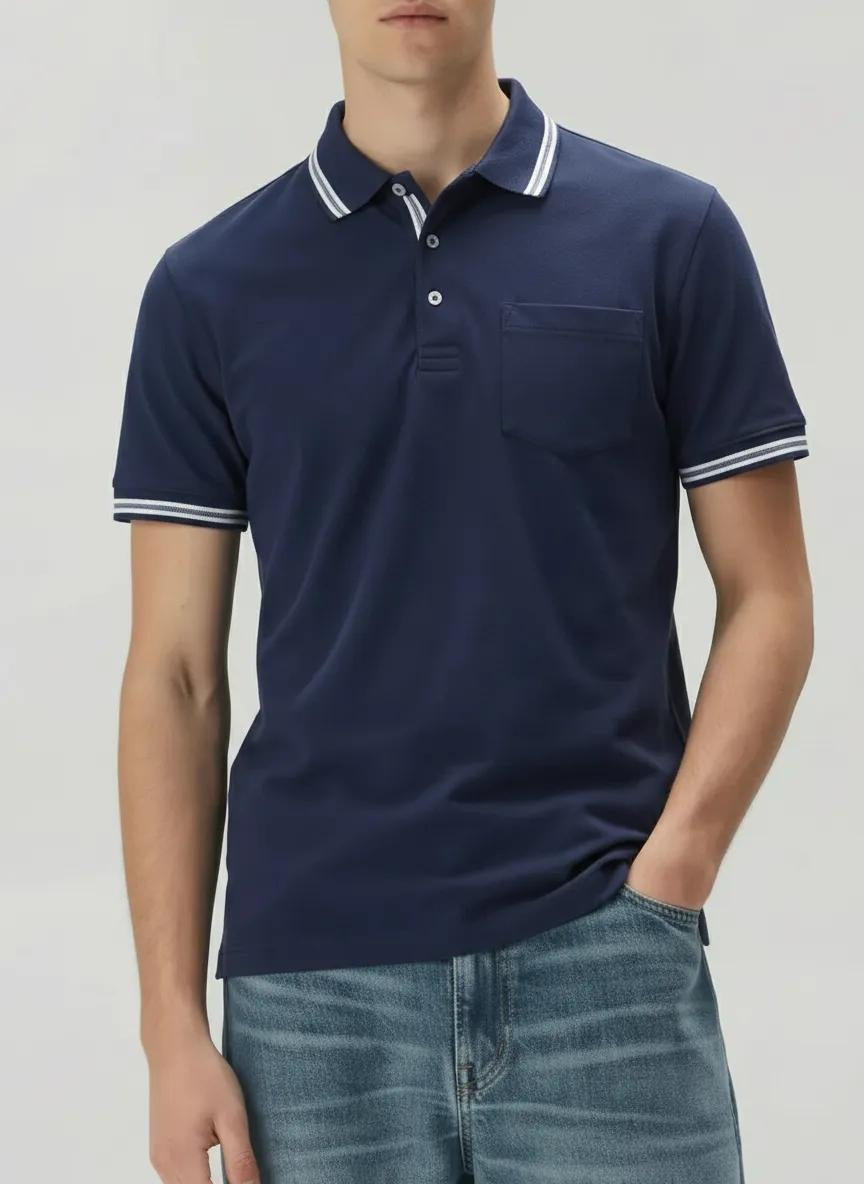 Men Navy Polo Collar Solid T-shirt