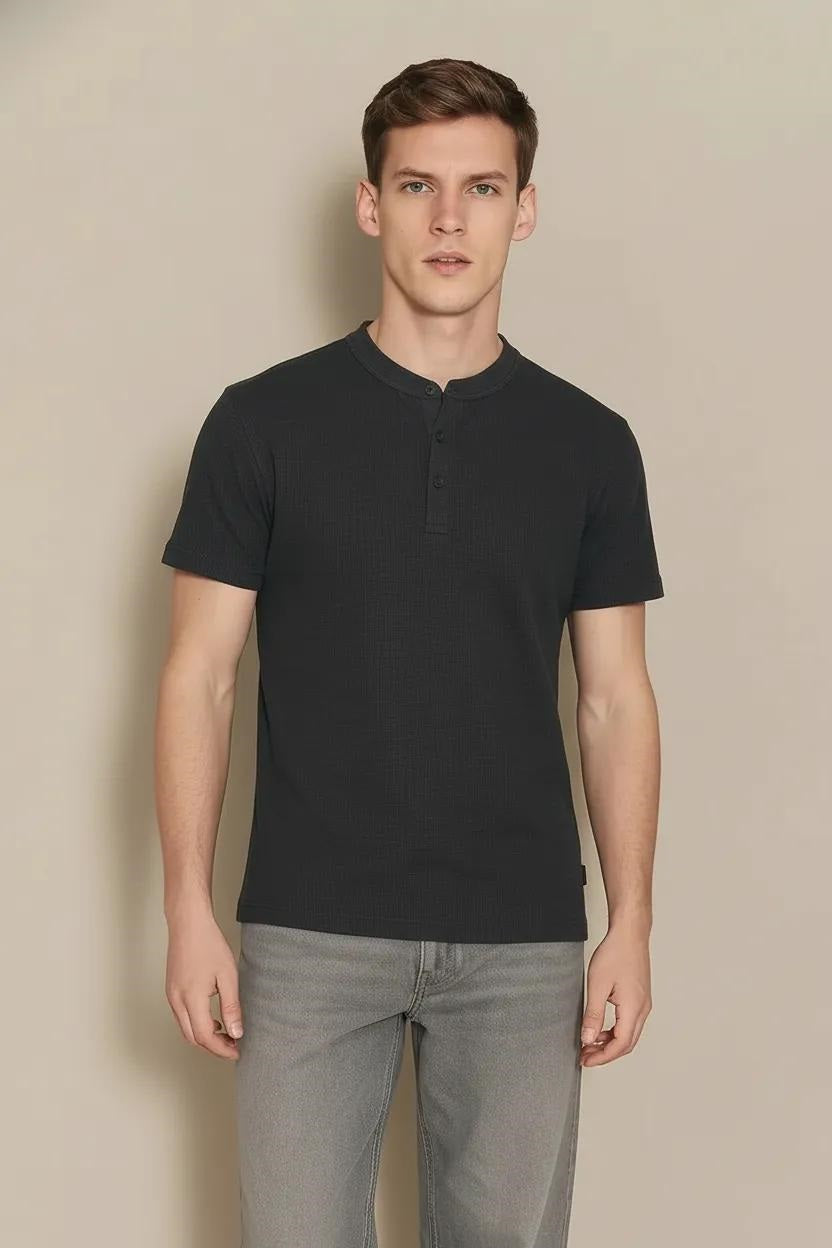 Men Black Solid High Neck T-shirt