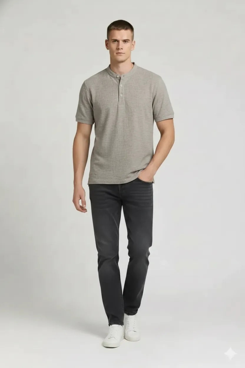 Men Linen Melange Henley Neck T-shirt