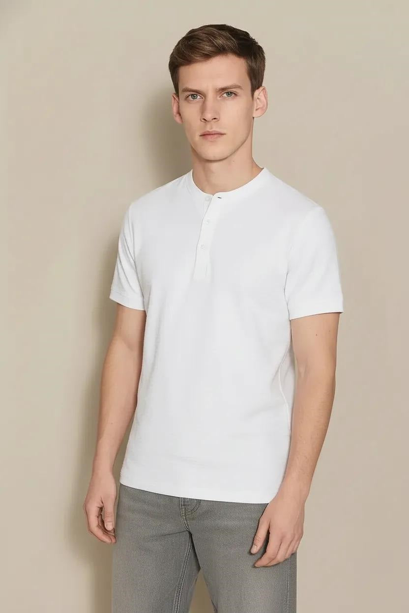 Men Off White Solid High Neck T-shirt
