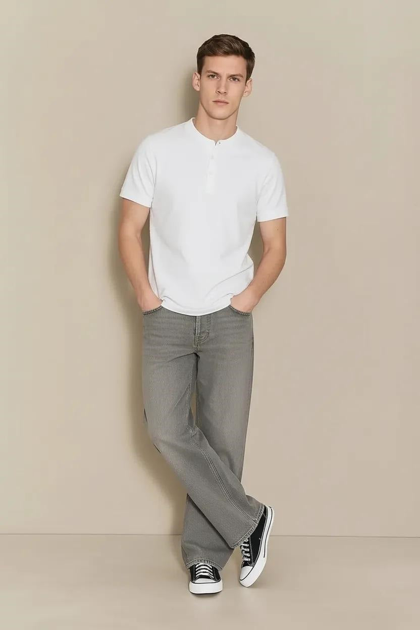 Men Off White Solid High Neck T-shirt