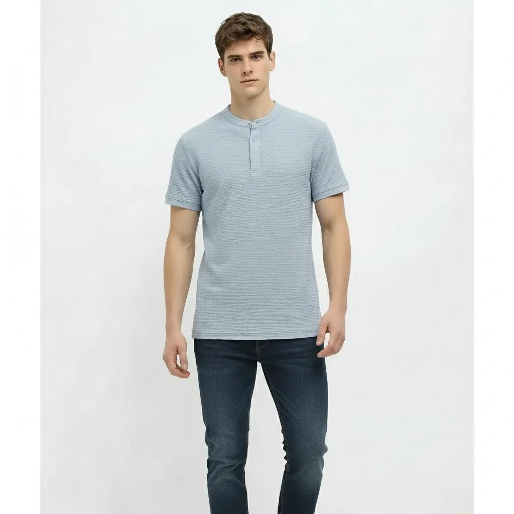 Men Sky Melange Solid High Neck T-shirt
