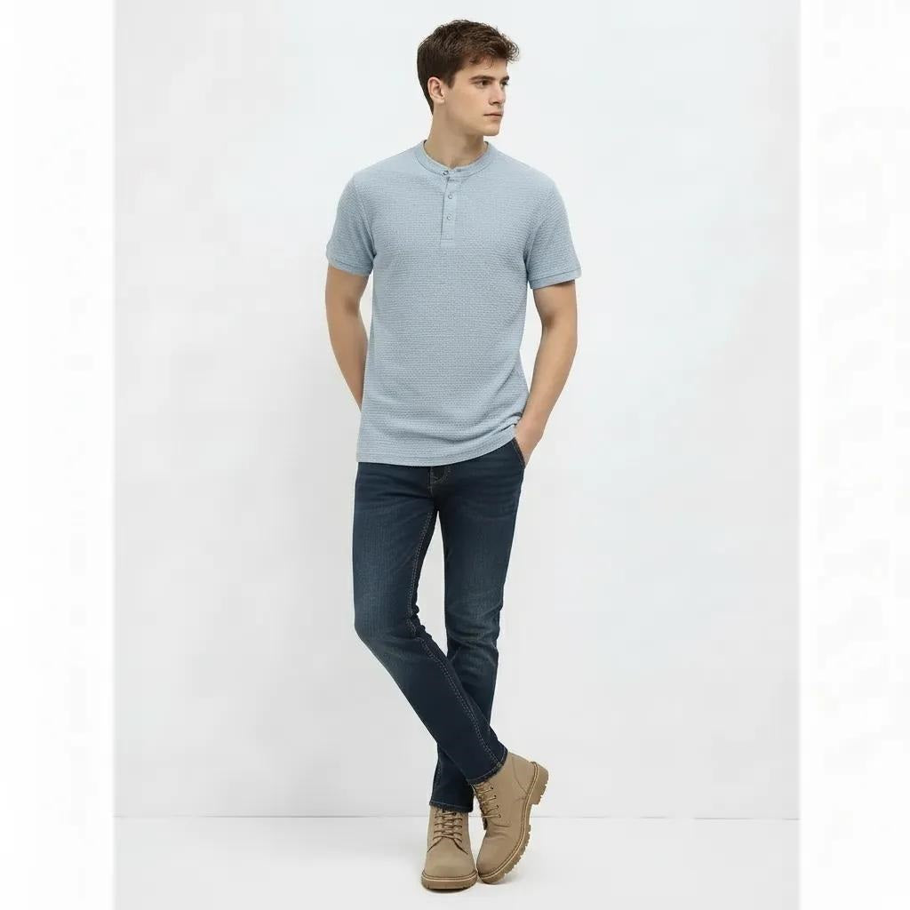 Men Sky Melange Solid High Neck T-shirt
