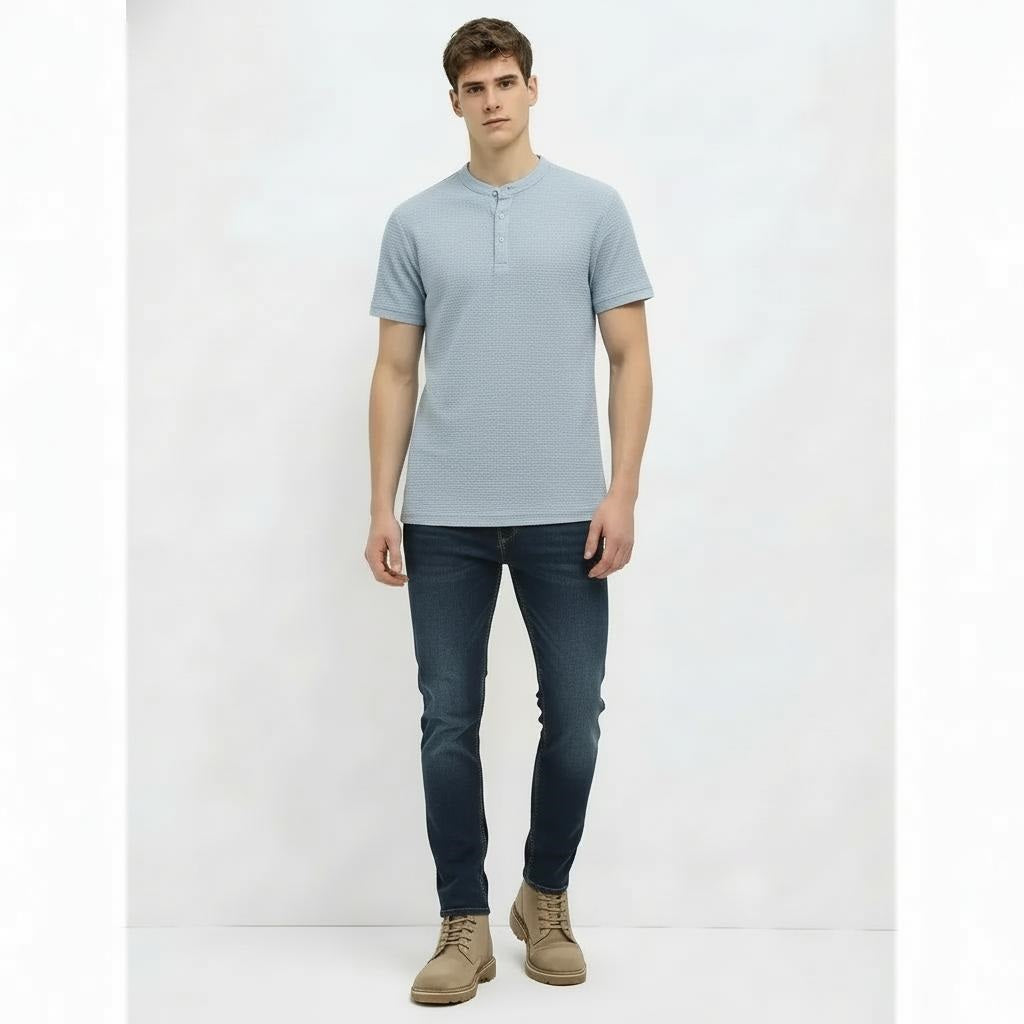 Men Sky Melange Solid High Neck T-shirt