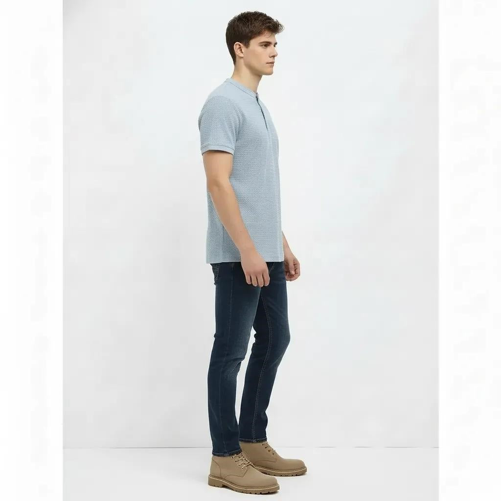 Men Sky Melange Solid High Neck T-shirt