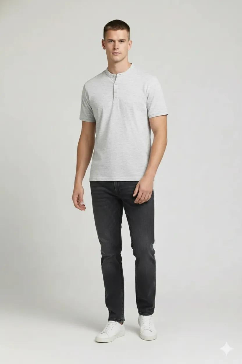 Men White Melange Henley Neck Solid  T-shirt