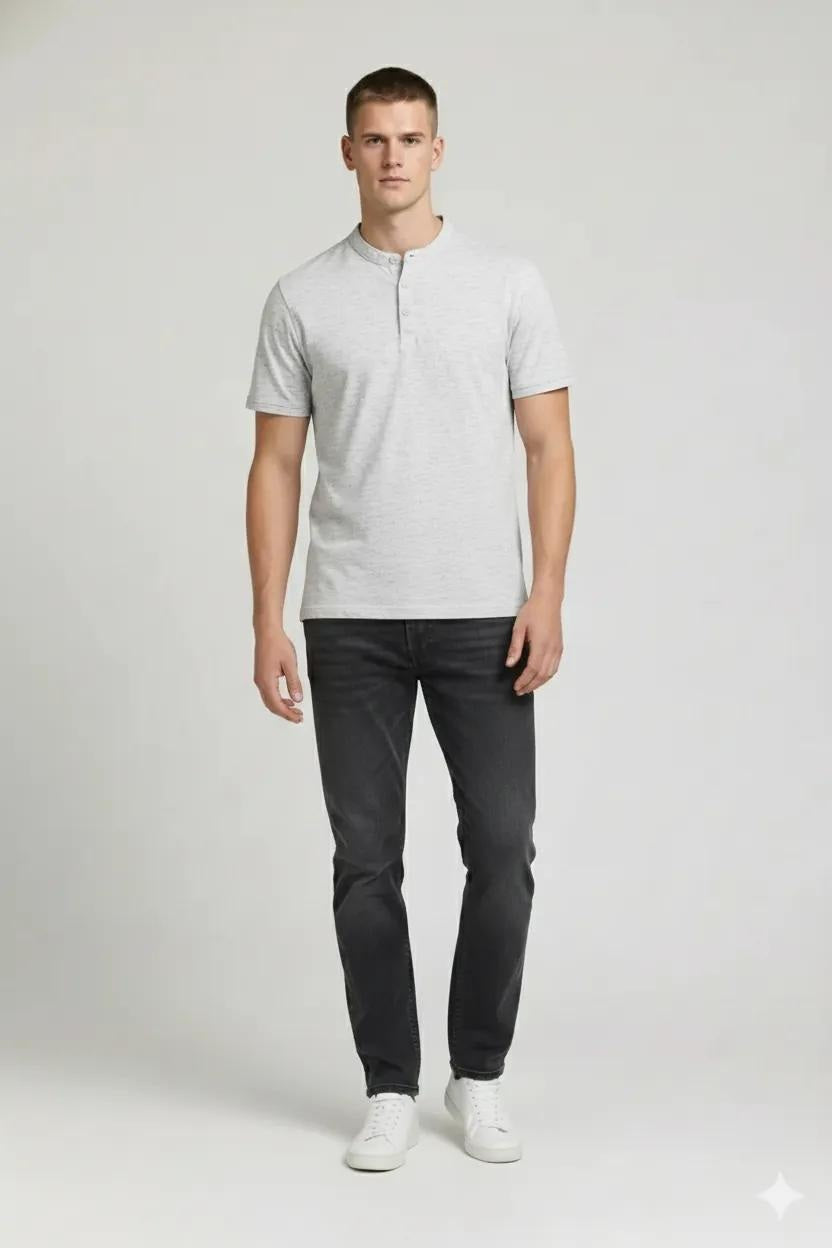 Men White Melange Henley Neck Solid  T-shirt