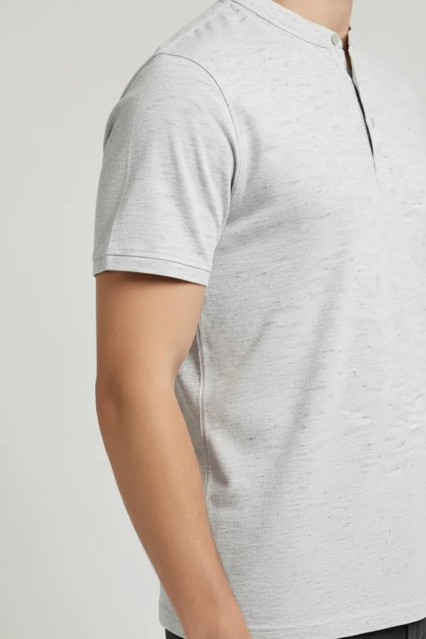 Men White Melange Henley Neck Solid  T-shirt