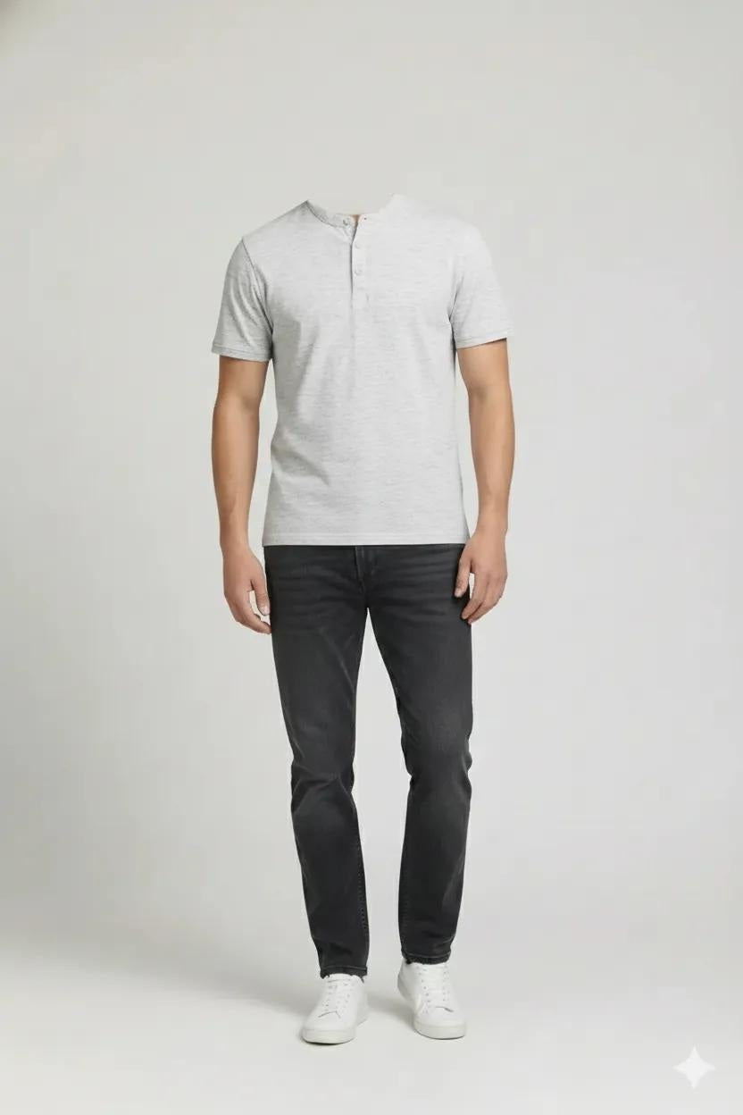 Men White Melange Henley Neck Solid  T-shirt