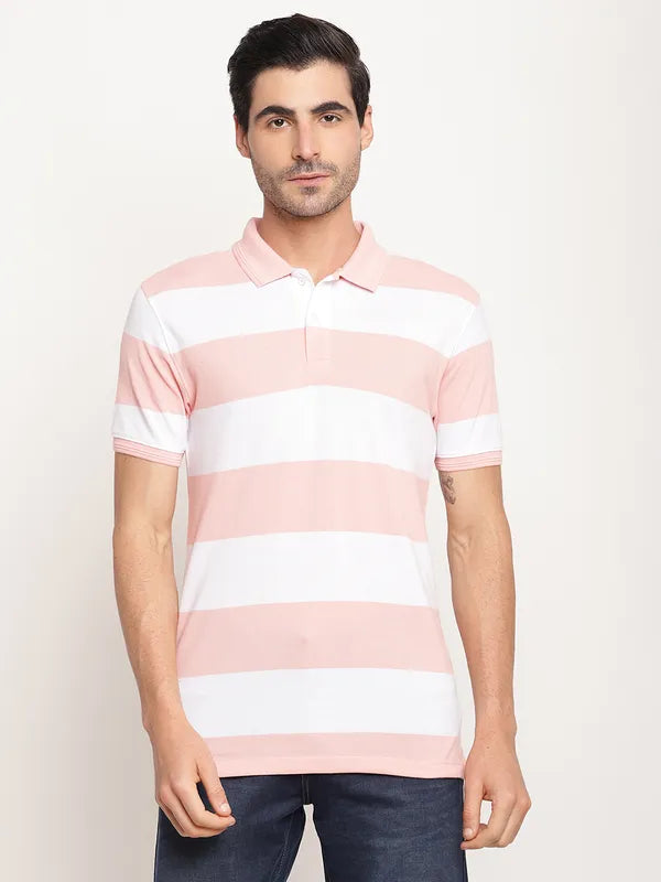 Octave Men Pink Striped Polo Collar T-Shirt