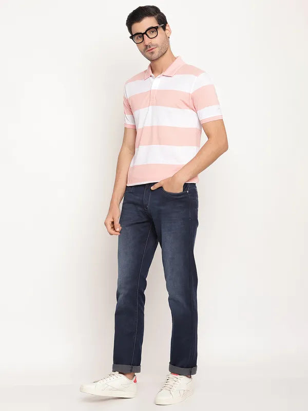 Octave Men Pink Striped Polo Collar T-Shirt