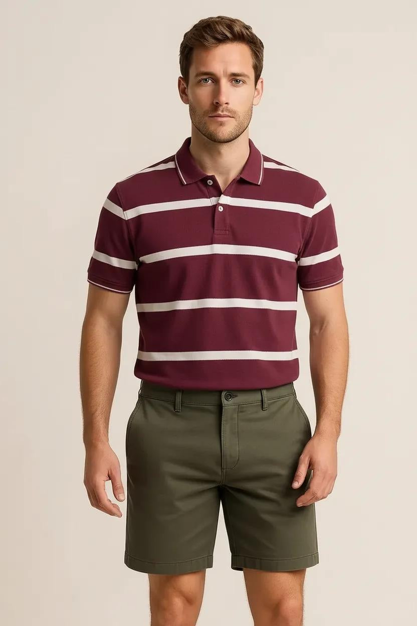 Octave Men Burnt Brick Striped Polo Collar T-shirt