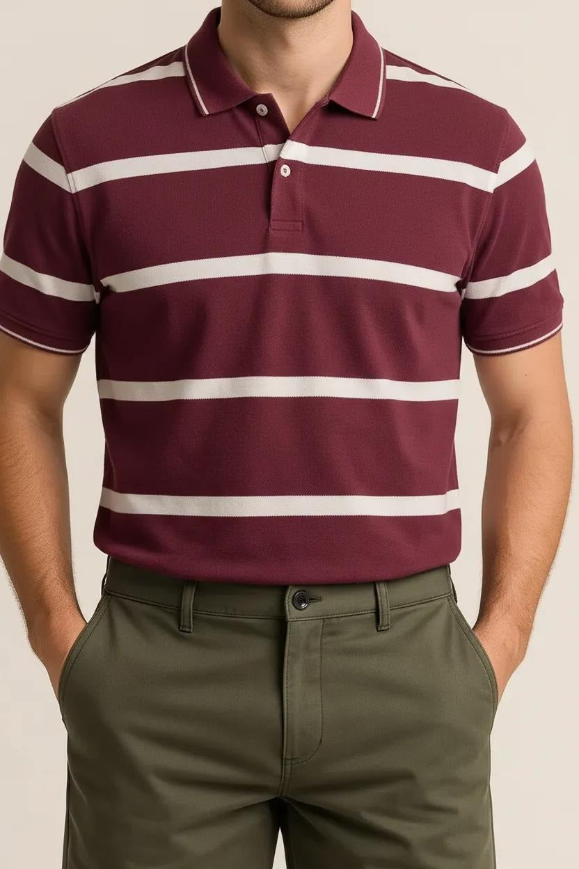Octave Men Burnt Brick Striped Polo Collar T-shirt