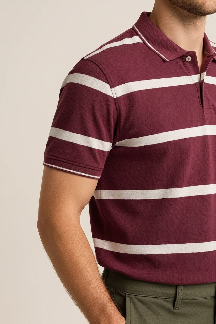 Octave Men Burnt Brick Striped Polo Collar T-shirt