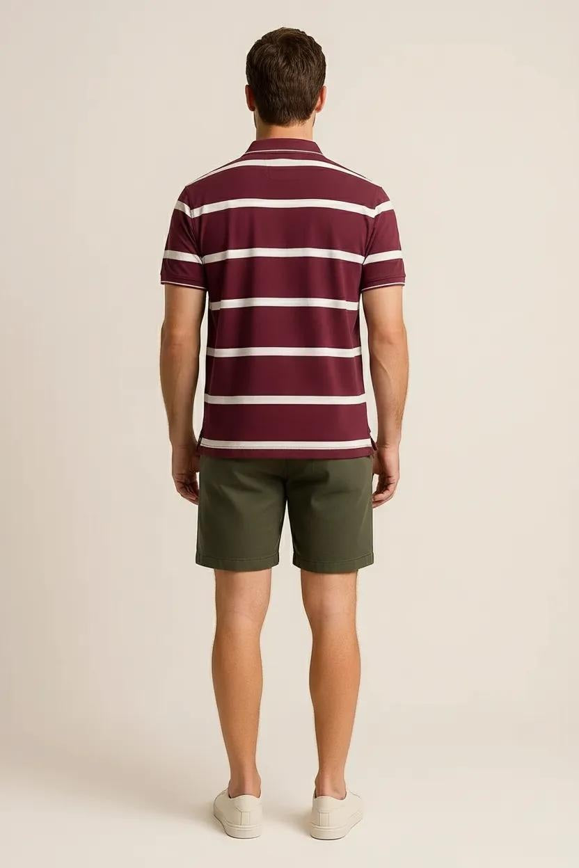 Octave Men Burnt Brick Striped Polo Collar T-shirt