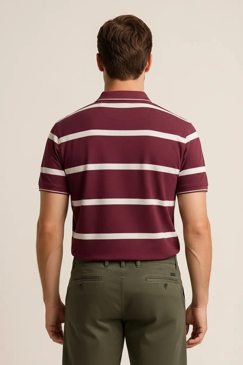 Octave Men Burnt Brick Striped Polo Collar T-shirt
