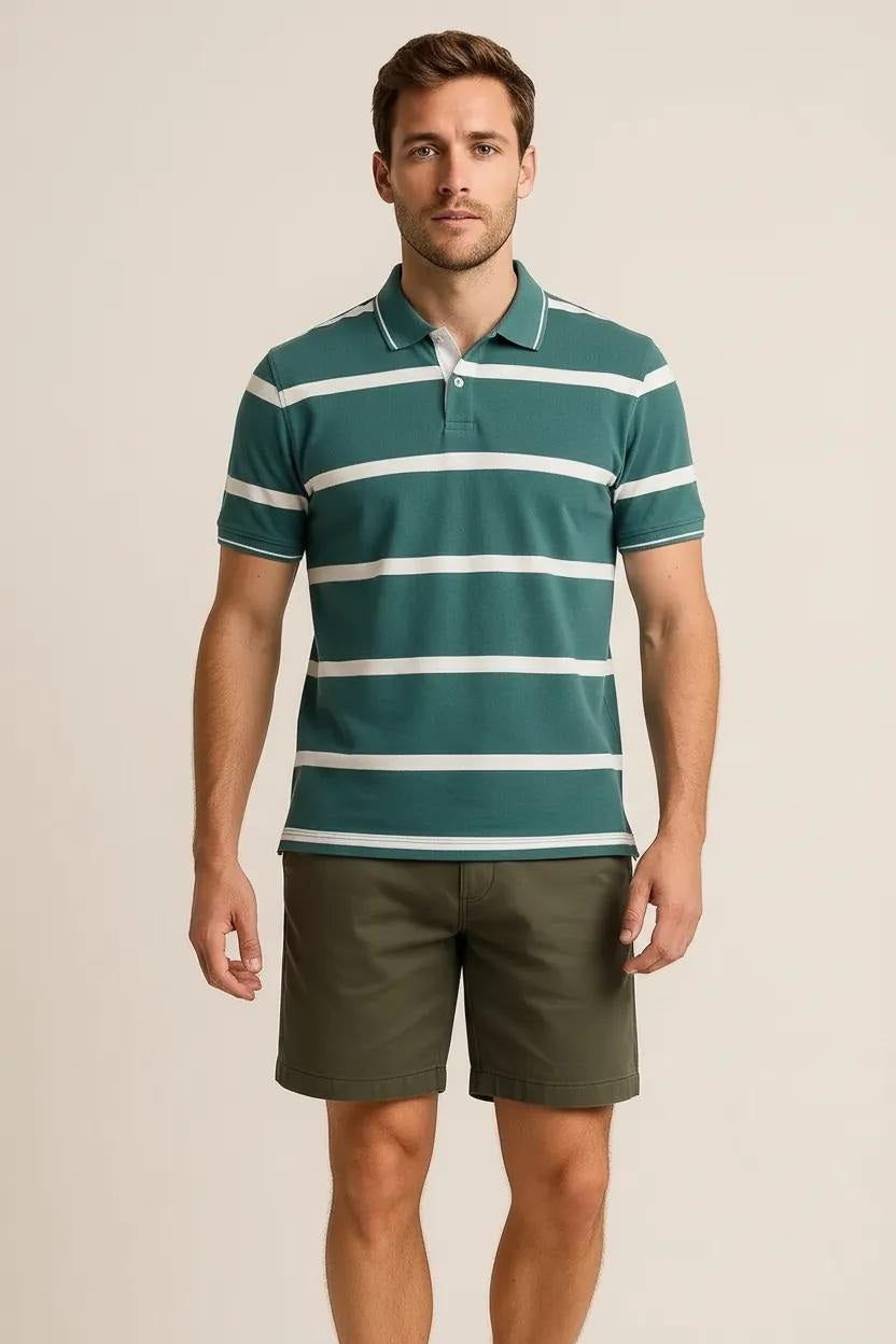 Octave Men Green Striped Polo Collar T-shirt