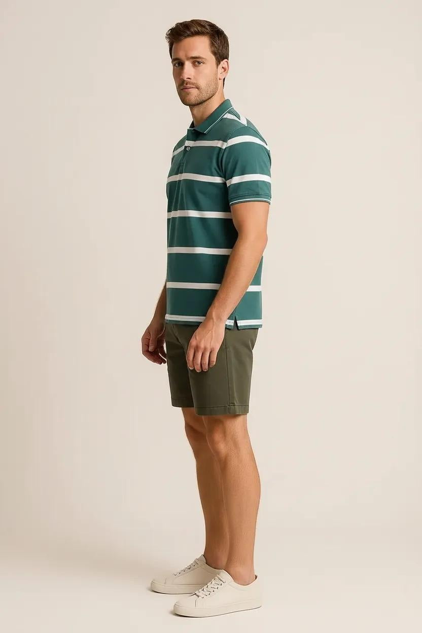 Octave Men Green Striped Polo Collar T-shirt