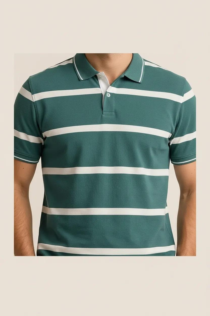 Octave Men Green Striped Polo Collar T-shirt