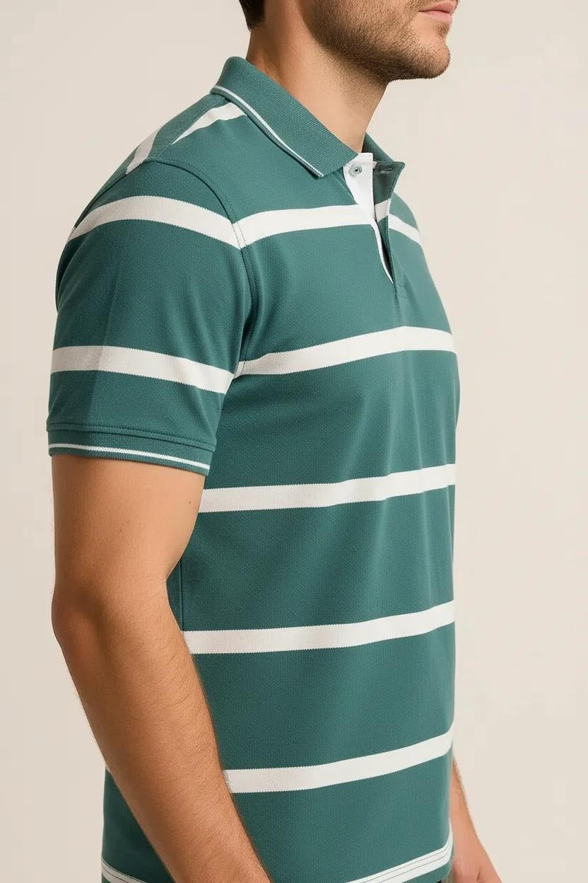 Octave Men Green Striped Polo Collar T-shirt