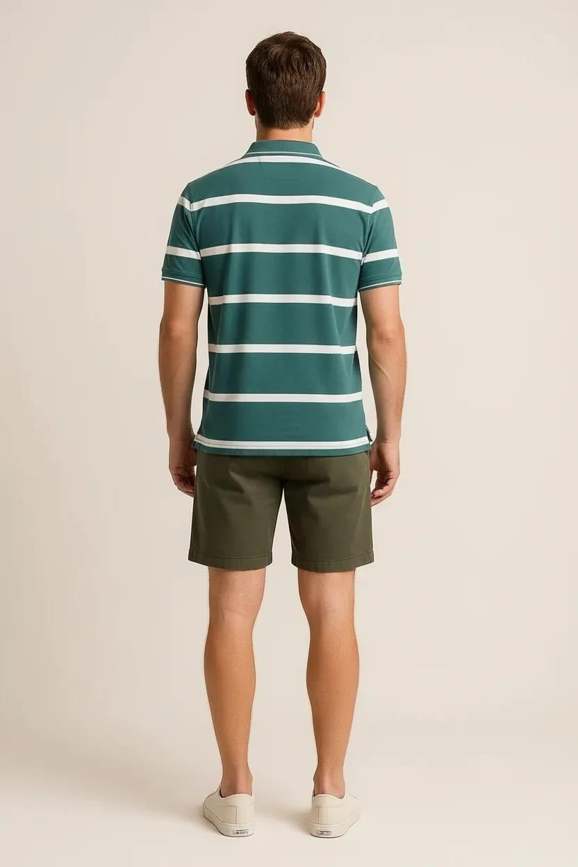 Octave Men Green Striped Polo Collar T-shirt