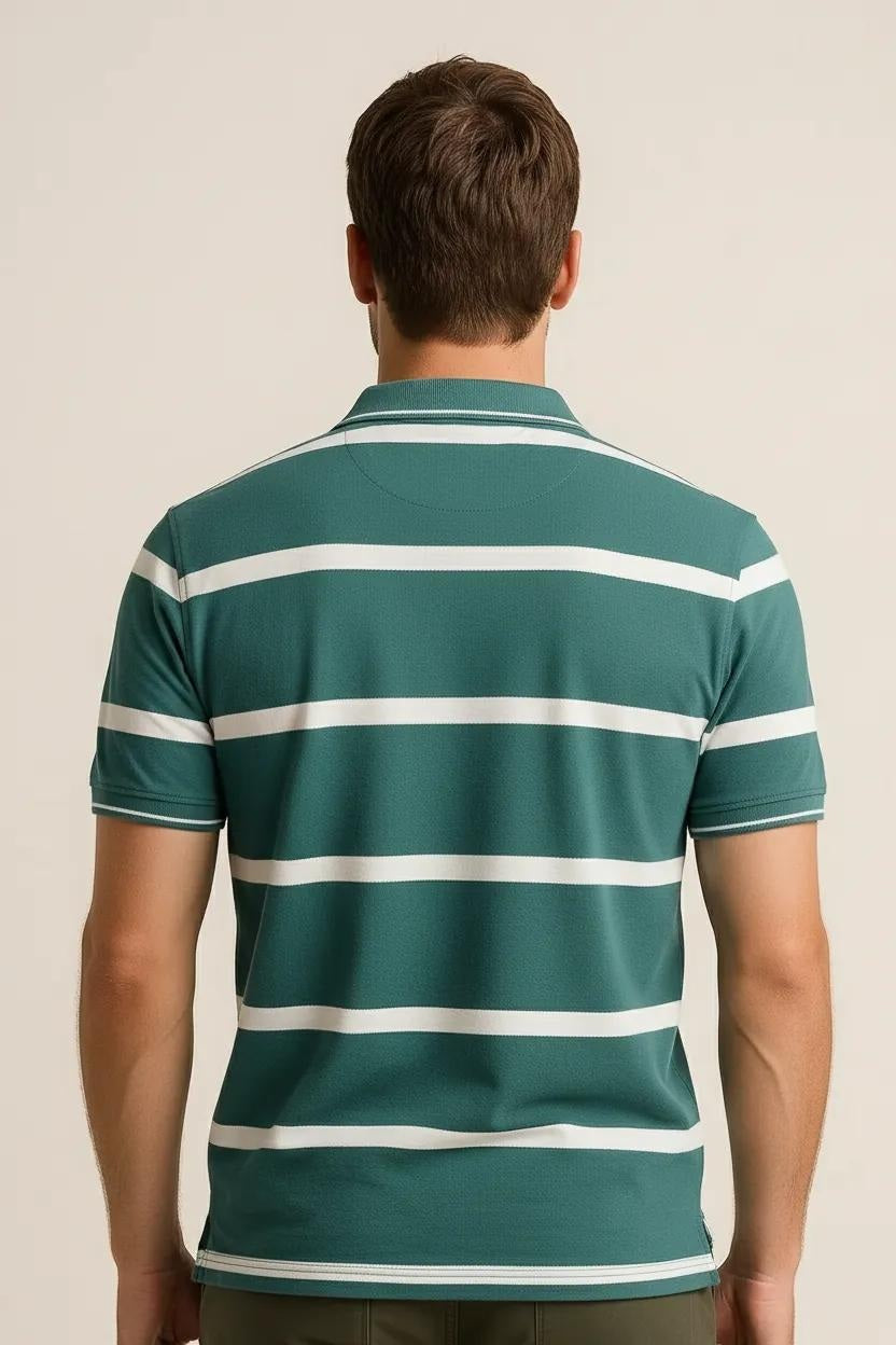 Octave Men Green Striped Polo Collar T-shirt