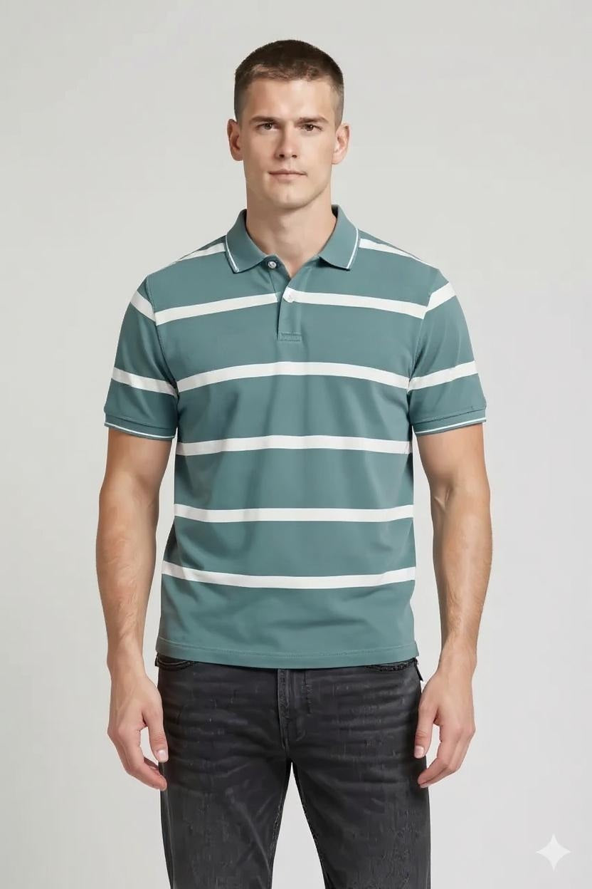 Men Light Teal Striped Polo Collar T-shirt