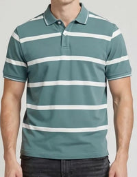 Men Light Teal Striped Polo Collar T-shirt