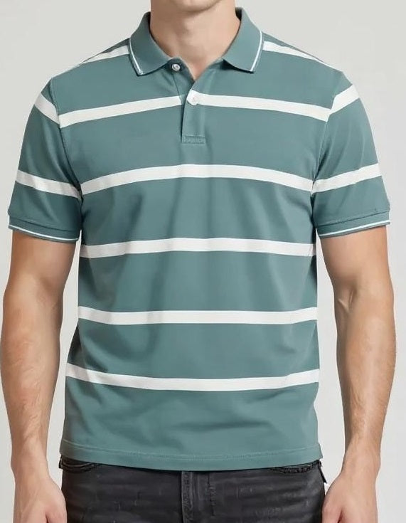 Men Light Teal Striped Polo Collar T-shirt