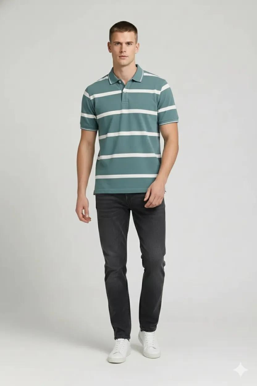 Men Light Teal Striped Polo Collar T-shirt