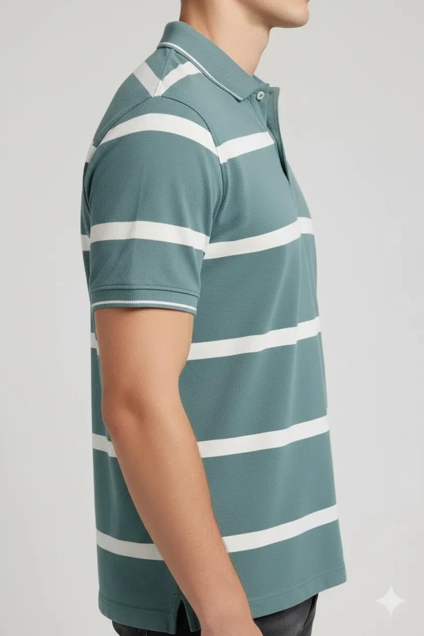 Men Light Teal Striped Polo Collar T-shirt