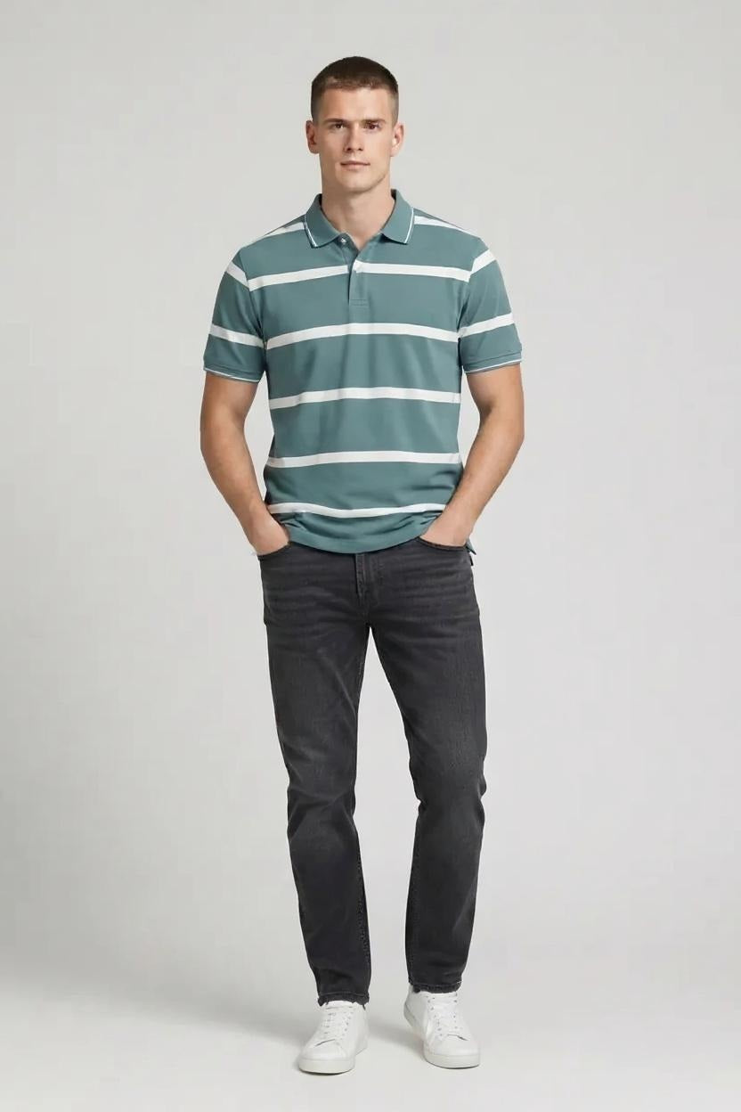 Men Light Teal Striped Polo Collar T-shirt