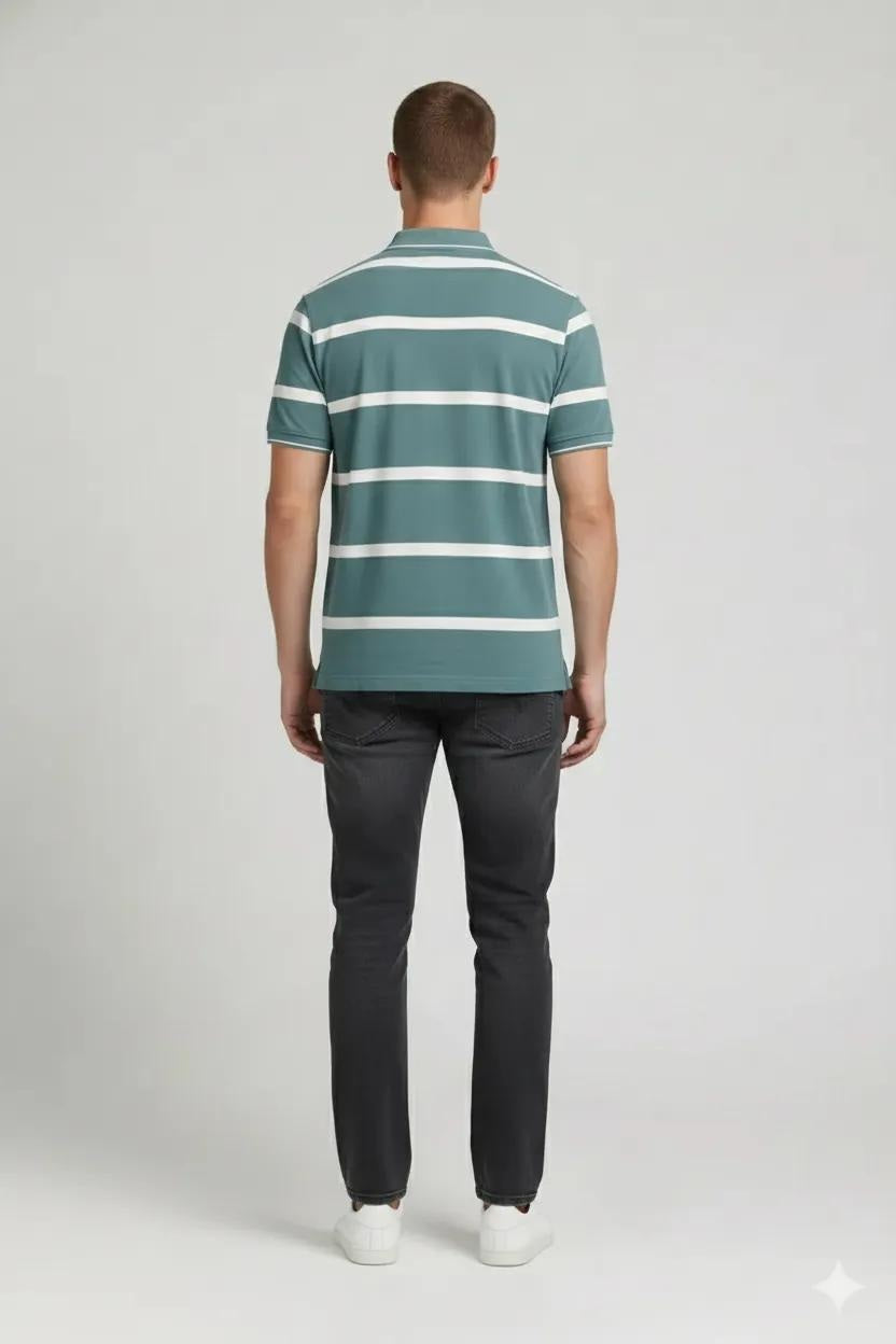 Men Light Teal Striped Polo Collar T-shirt