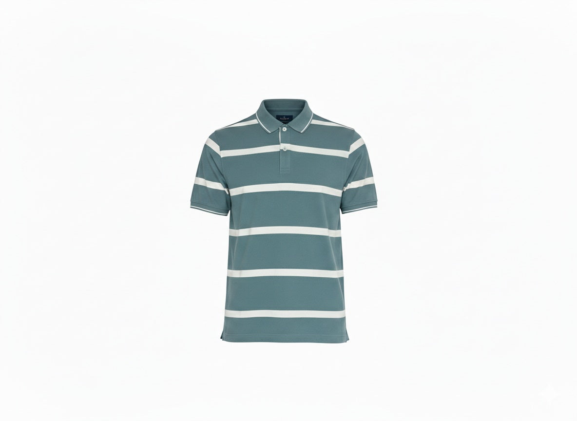 Men Light Teal Striped Polo Collar T-shirt