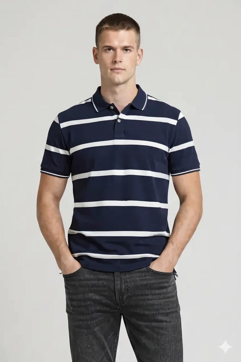 Men Navy Striped Polo Collar T-shirt