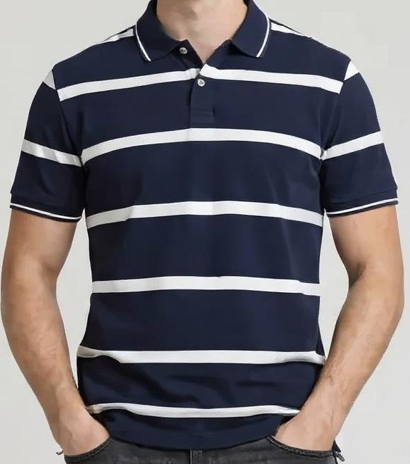 Men Navy Striped Polo Collar T-shirt