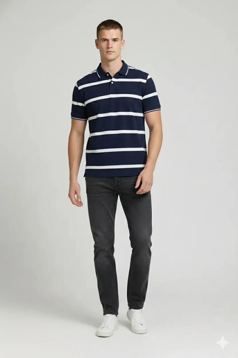 Men Navy Striped Polo Collar T-shirt